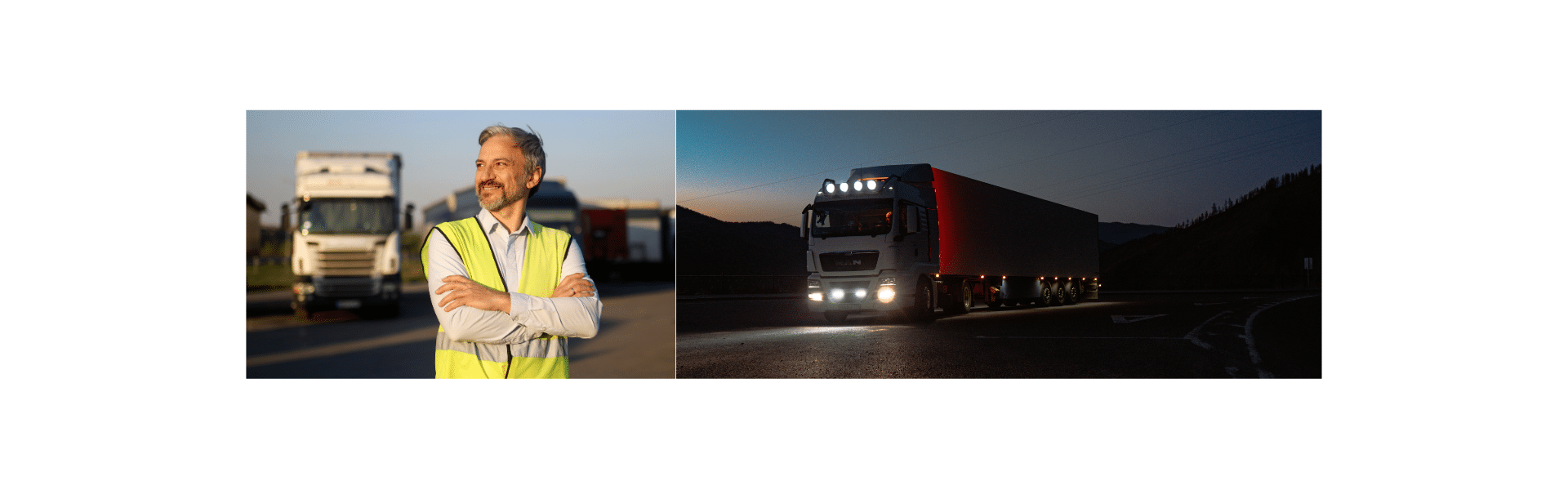 Chauffeur SPL en gilet jaune bras croisés devant des camions sur une aire de transport et semi-remorque à remorque rouge roulant de nuit sur route avec phares allumés