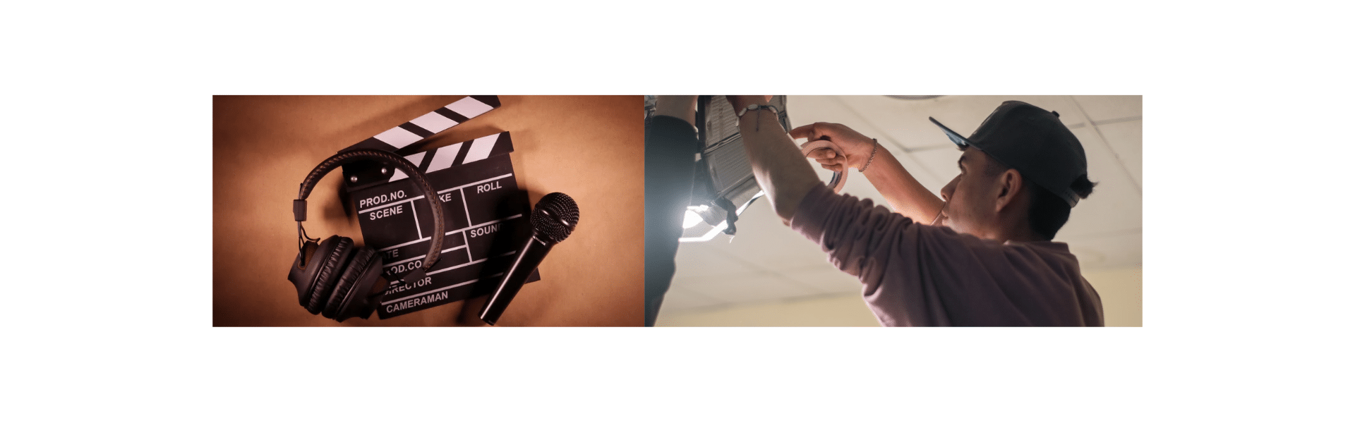 Clap de cinéma avec casque audio et microphone sur fond brun, et technicien en casquette installant un projecteur d’éclairage sur un plateau
